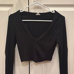 Black V-Neck Ribbed Women's Top